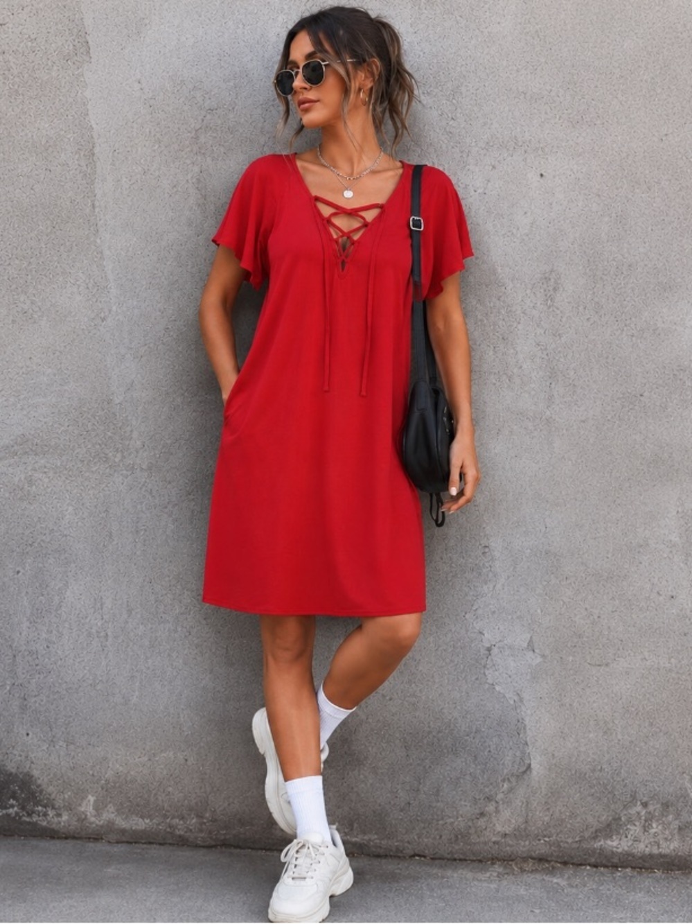 Madewell Red Lace Up Coquette Romantic Flutter Short Sleeve Midi Dress Size S